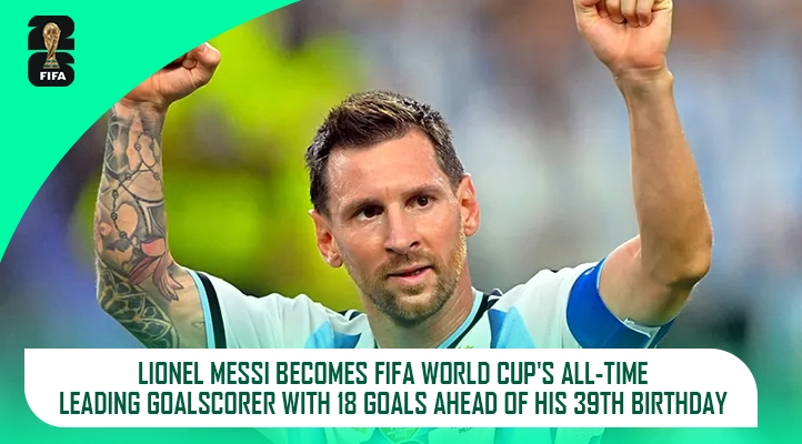 Lionel Messi celebrates after scoring his record-breaking 18th FIFA World Cup goal for Argentina against Austria in 2026.