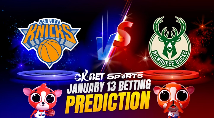 New York Knicks vs Milwaukee Bucks a logo of 2 nba teams with over lay text